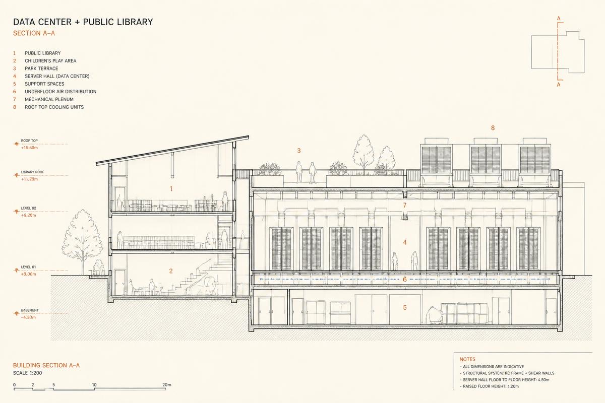 Architectural section drawing of a data center with an attached public library, play area and park terrace
